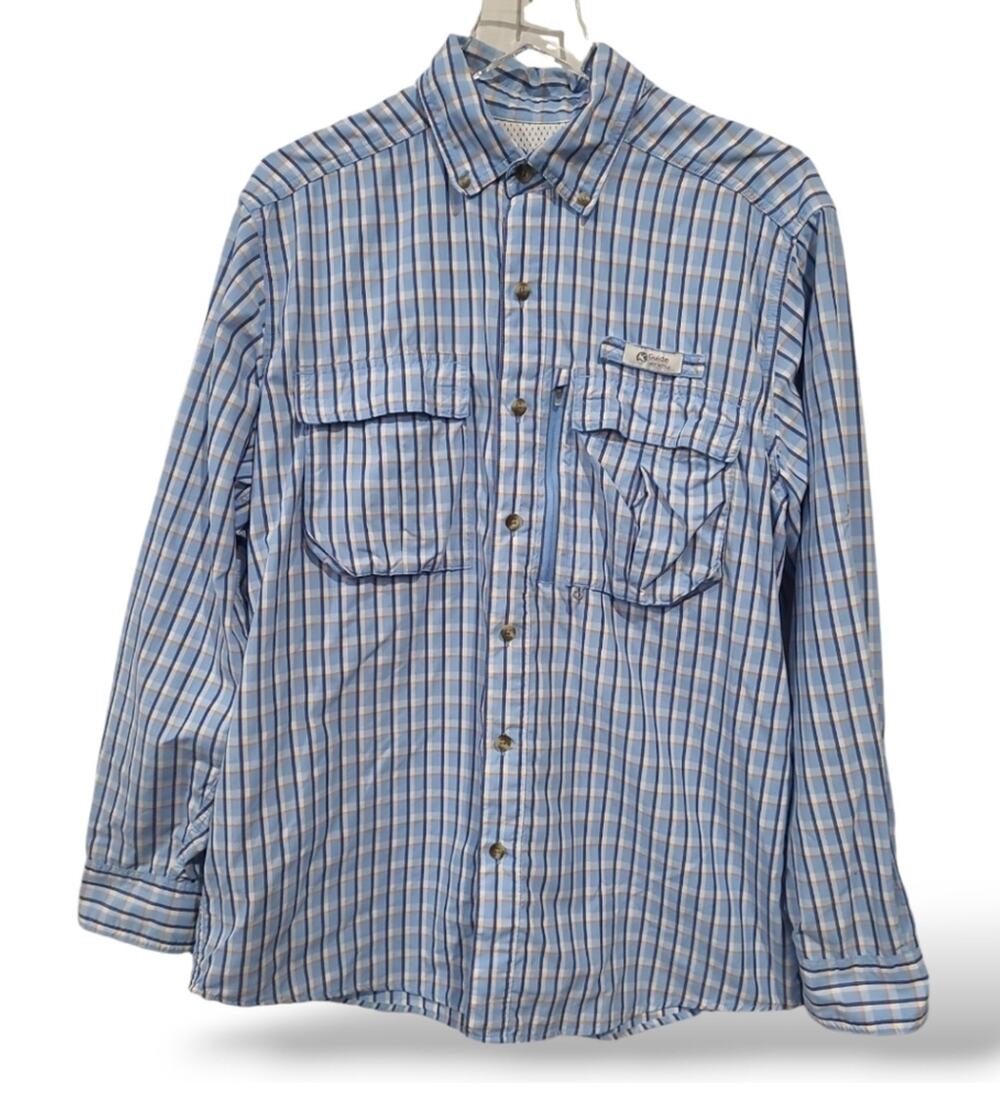 Guide Series Mens SZ Large Button Down Fishing Shirt Plaid Blue White Orange